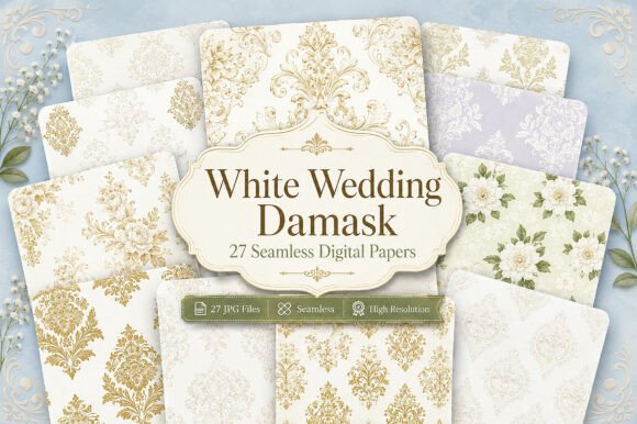 Download White Wedding Damask Digital Paper Bundl - Paper Collection
