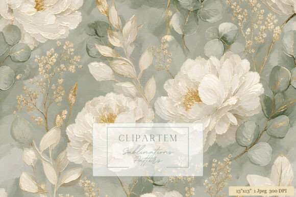 Download White Peony Sage Green Gold Pattern - Green Collection