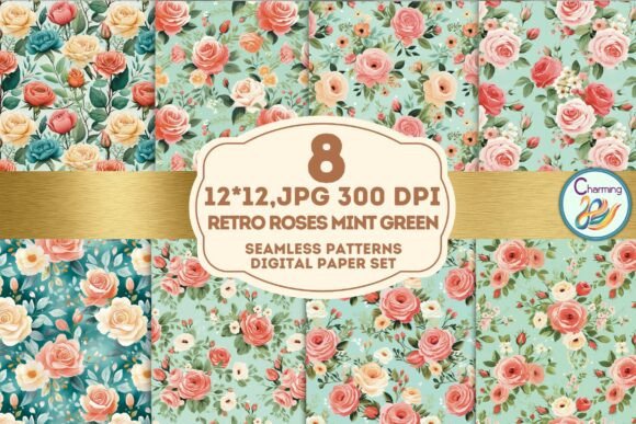 Download Seamless Paper: Retro Roses Mint Green - Green Collection