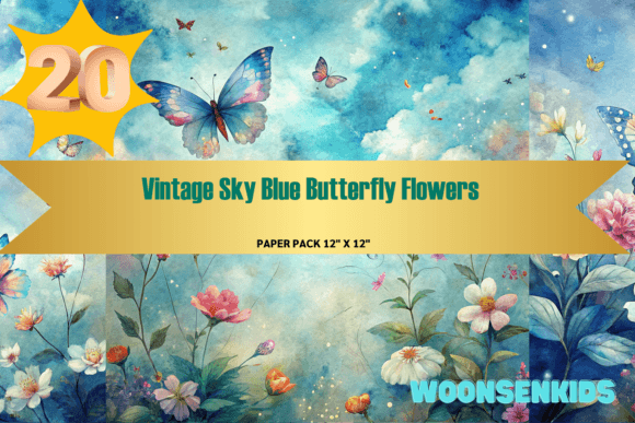 Download Beautiful Vintage Sky Blue Butterfly Flowers Background Watercolor Png Kdp Digital Paper - Paper Collection