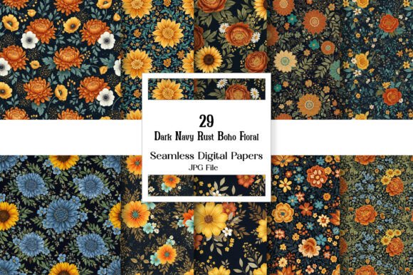 Download Dark Navy Rust Boho Floral Digital Paper - Paper Collection