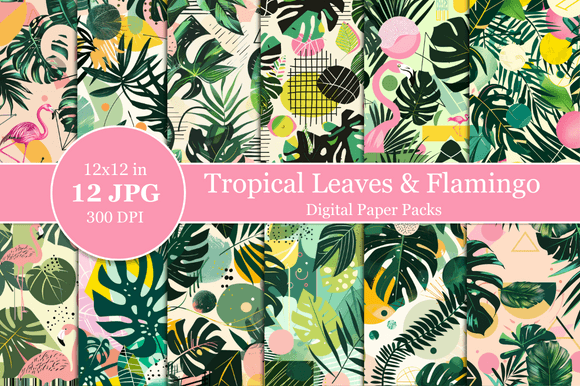 Download Tropical Leaves &amp; Flamingo Digital Paper - Paper Collection