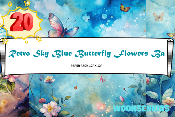 Download 20 Retro Sky Blue Butterfly Flowers Background Watercolor Png Kdp Digital Paper - Paper Collection